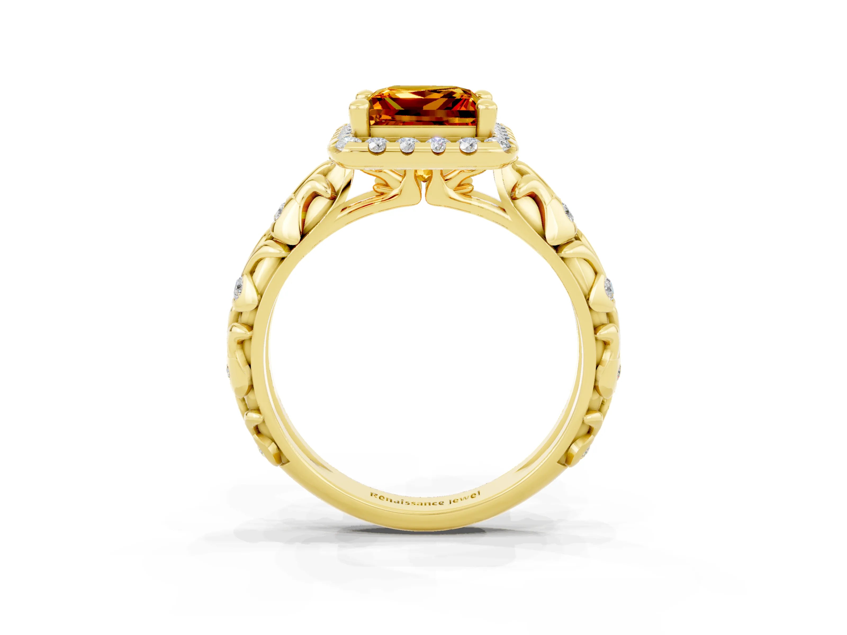Yellow gold Princess Cut Halo Diamond Solitaire with Filigree Band and Four-Prong Setting_3