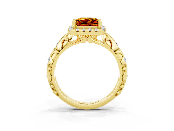 Yellow gold Princess Cut Citrine Halo Ring with Filigree Band and Prong Setting