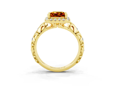 Yellow gold Princess Cut Halo Diamond Solitaire with Filigree Band and Four-Prong Setting_3