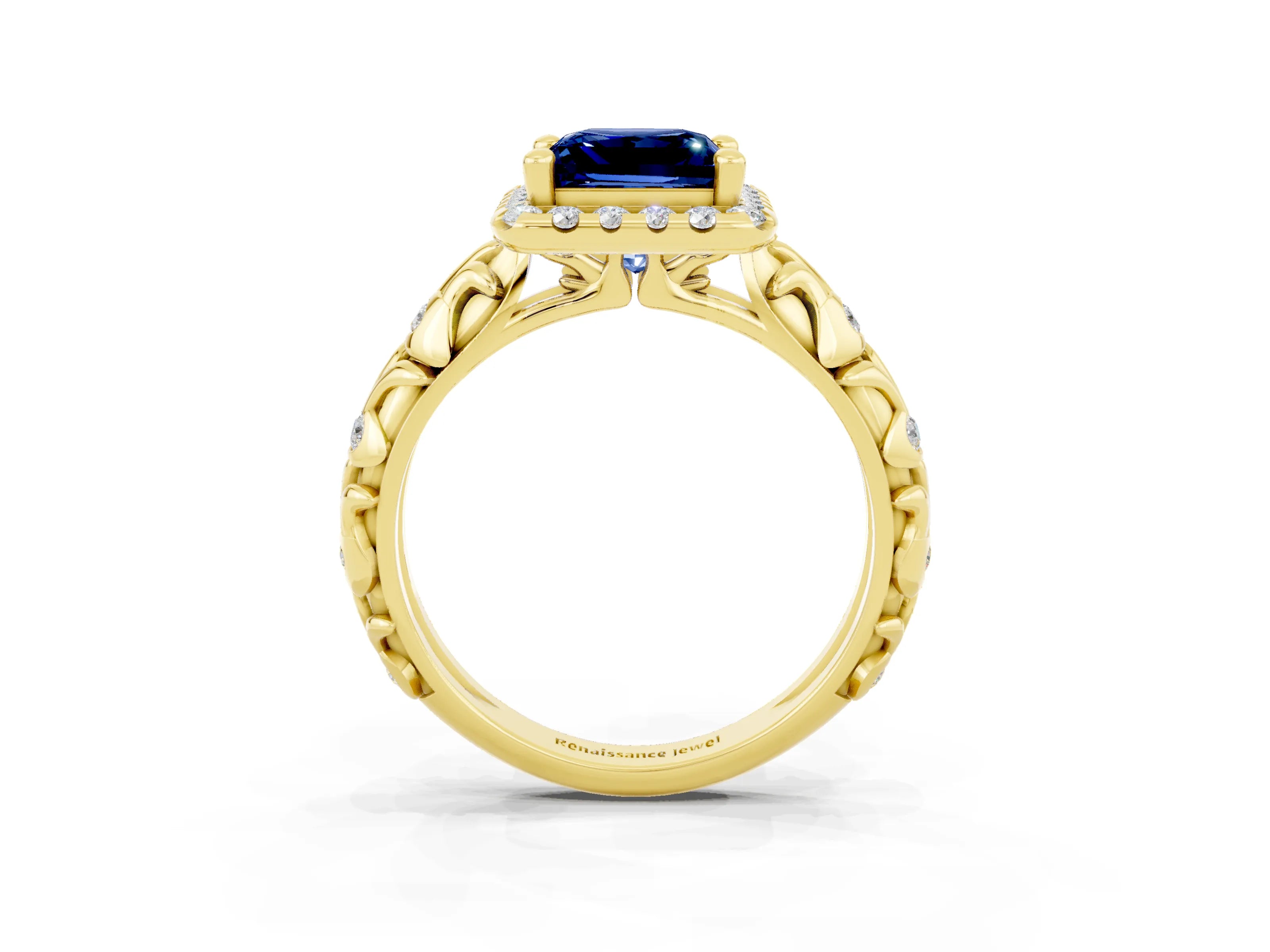 Yellow gold Princess Cut Halo Diamond Solitaire with Filigree Band and Four-Prong Setting_3