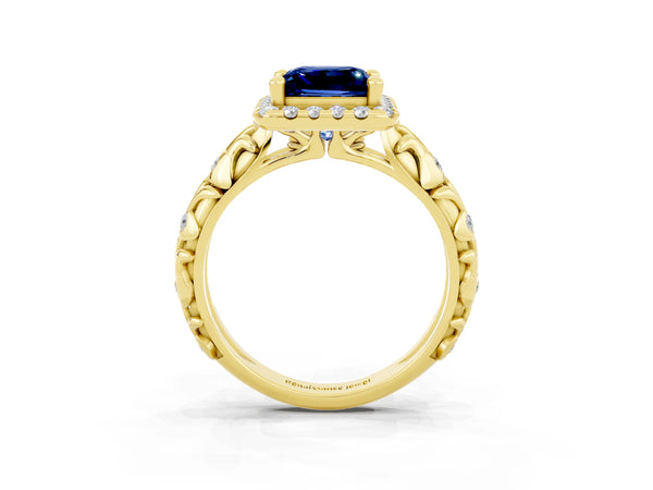 Yellow gold Princess Cut Blue Sapphire Halo Ring with Filigree Band and Prong Setting