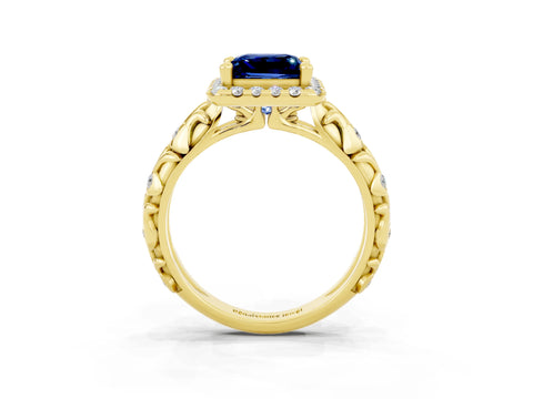 Yellow gold Princess Cut Halo Diamond Solitaire with Filigree Band and Four-Prong Setting_3