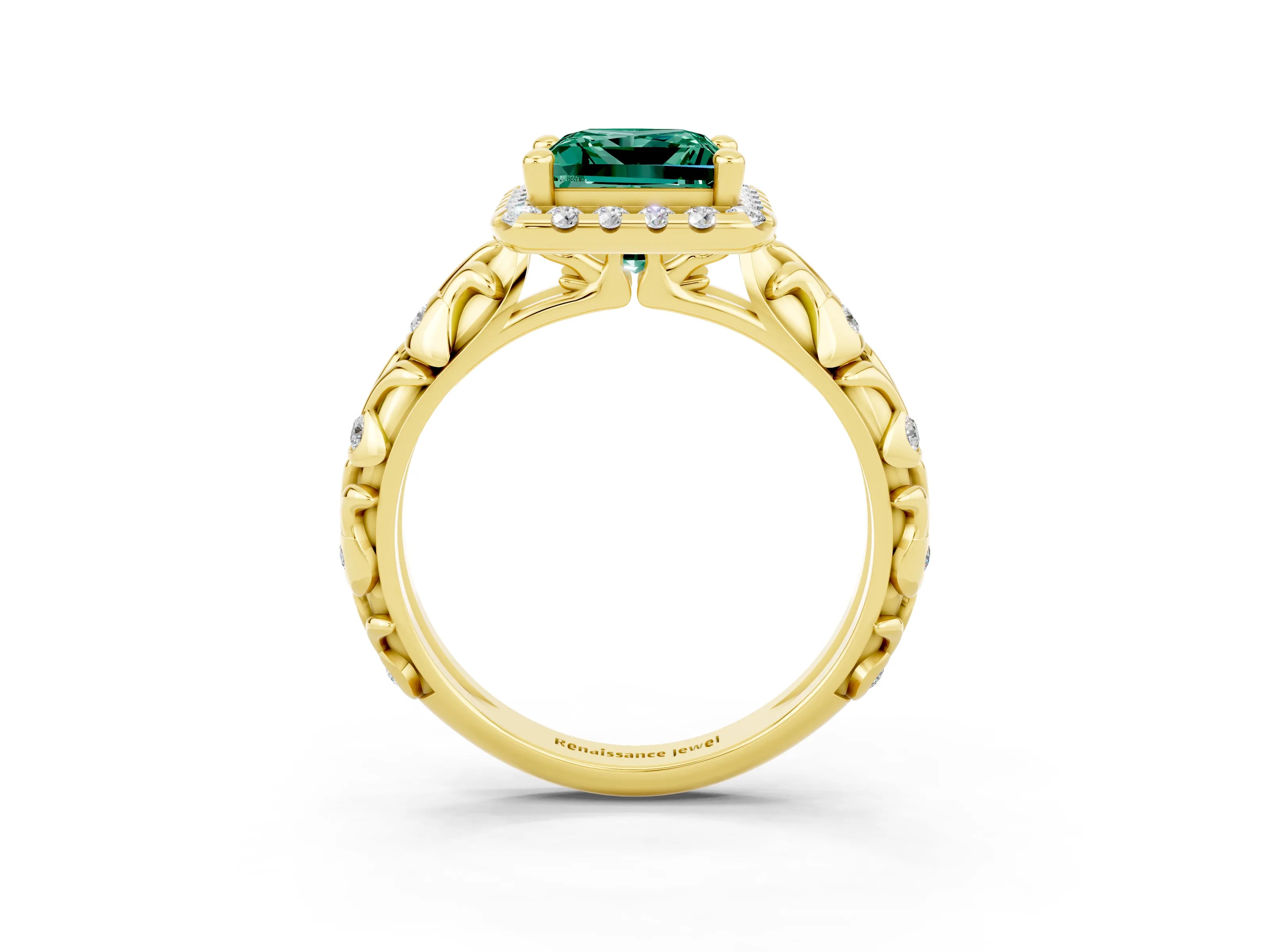 Yellow gold Princess Cut Halo Diamond Solitaire with Filigree Band and Four-Prong Setting_3