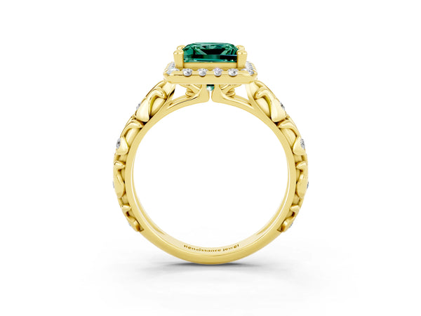 Yellow gold Princess Cut Green Sapphire Halo Ring with Filigree Band and Prong Setting