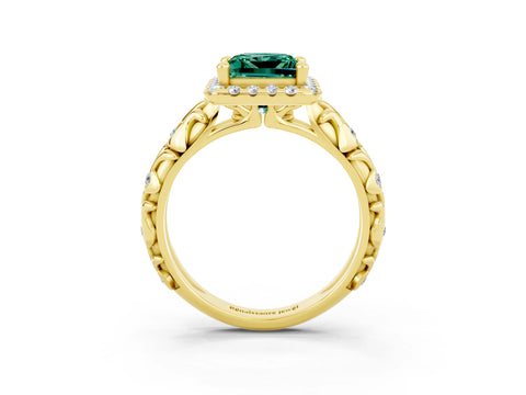 Yellow gold Princess Cut Halo Diamond Solitaire with Filigree Band and Four-Prong Setting_3