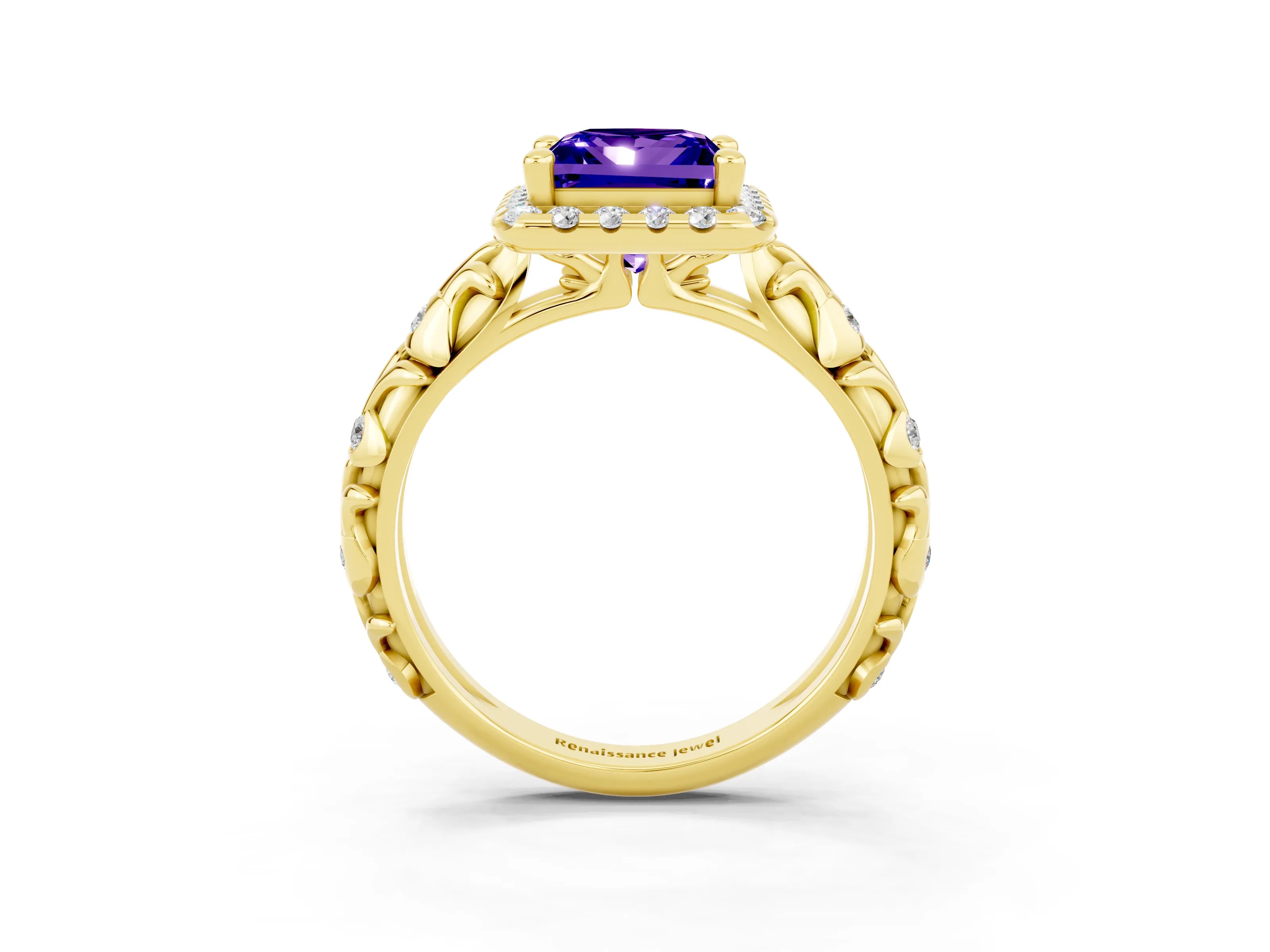 Yellow gold Princess Cut Halo Diamond Solitaire with Filigree Band and Four-Prong Setting_3