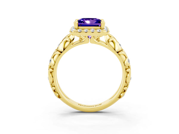 Yellow gold Princess Cut Tanzanite Halo Ring with Filigree Band and Prong Setting