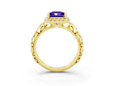 Yellow gold Princess Cut Halo Diamond Solitaire with Filigree Band and Four-Prong Setting_3