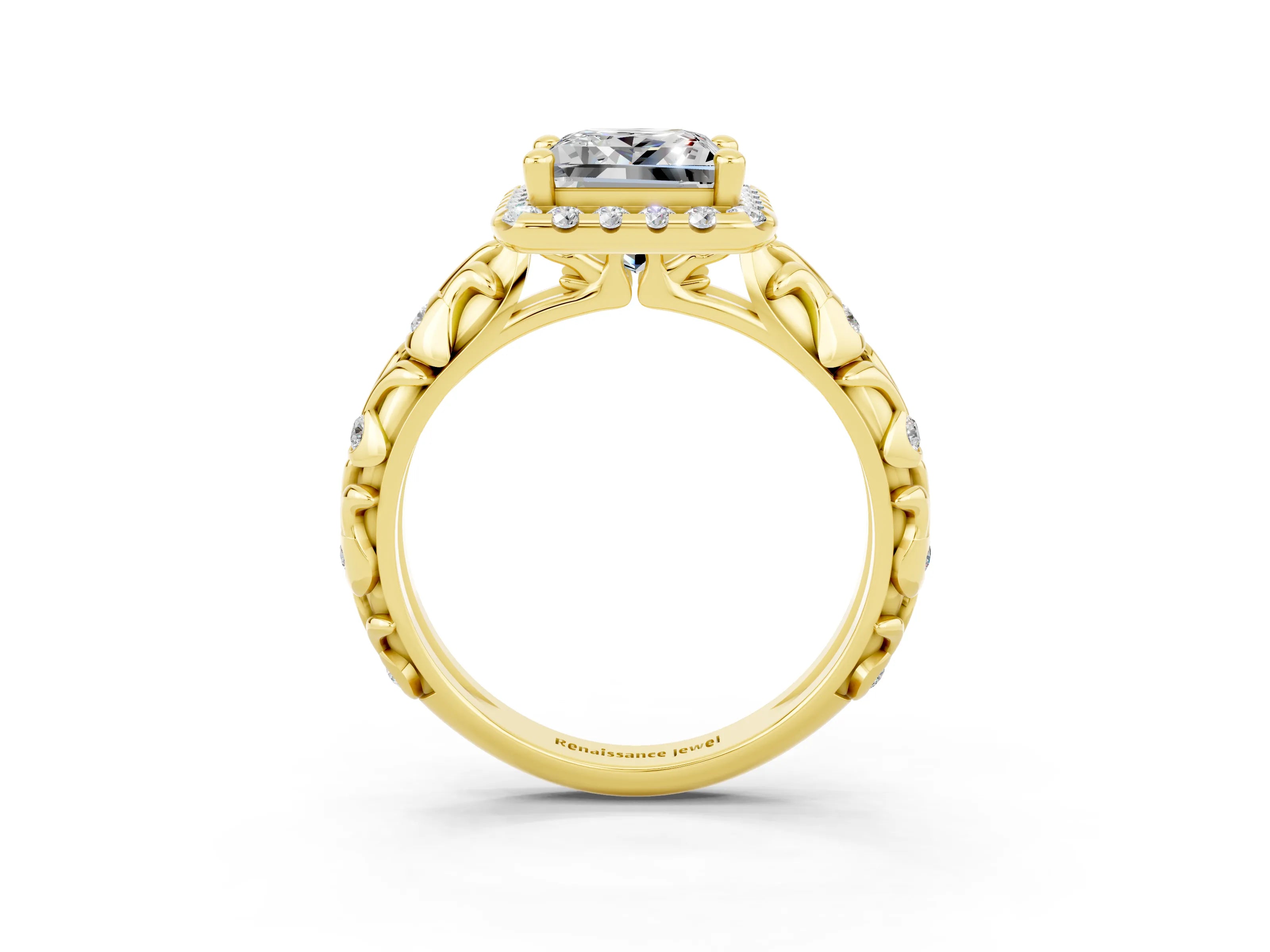 Yellow gold Princess Cut Halo Diamond Solitaire with Filigree Band and Four-Prong Setting_3