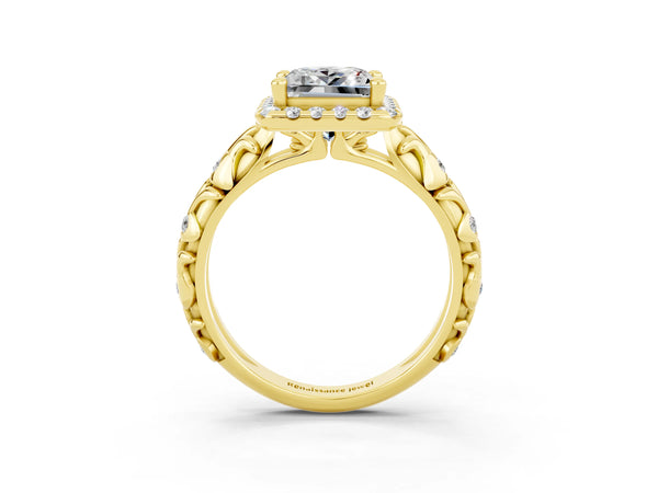 Yellow gold Princess Cut Moissanite Halo Ring with Filigree Band and Prong Setting