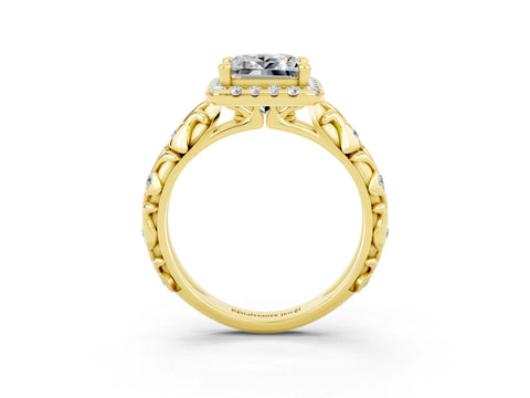 Yellow gold Princess Cut Halo Diamond Solitaire with Filigree Band and Four-Prong Setting_3
