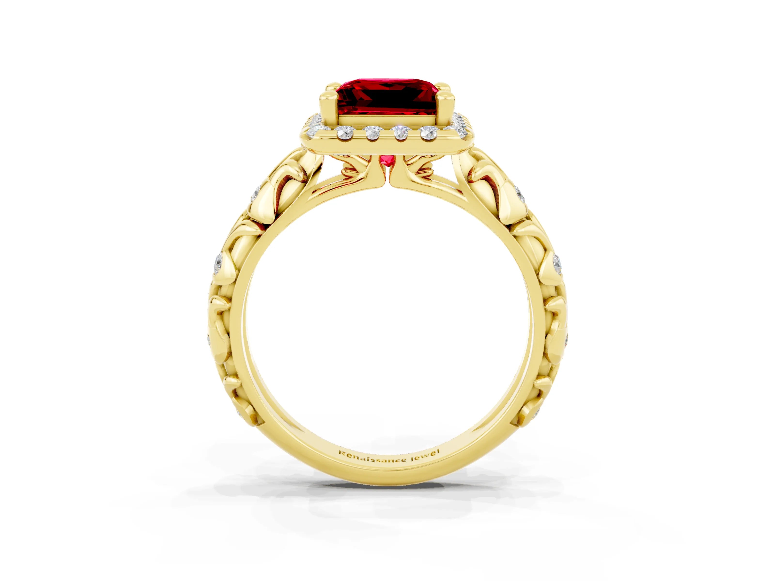 Yellow gold Princess Cut Halo Diamond Solitaire with Filigree Band and Four-Prong Setting_3