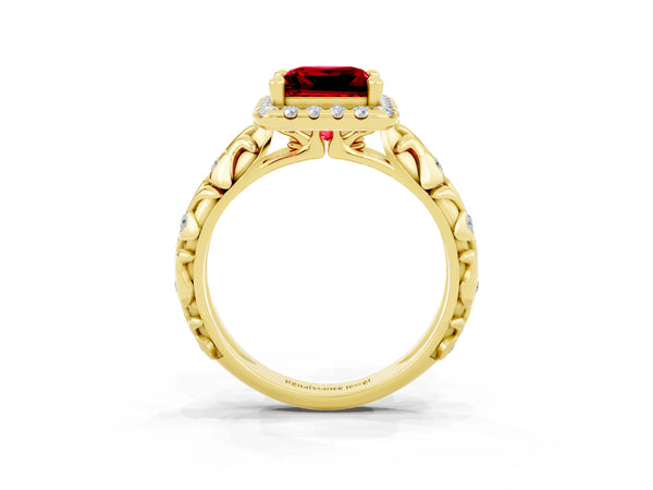 Yellow gold Princess Cut Ruby Halo Ring with Filigree Band and Prong Setting