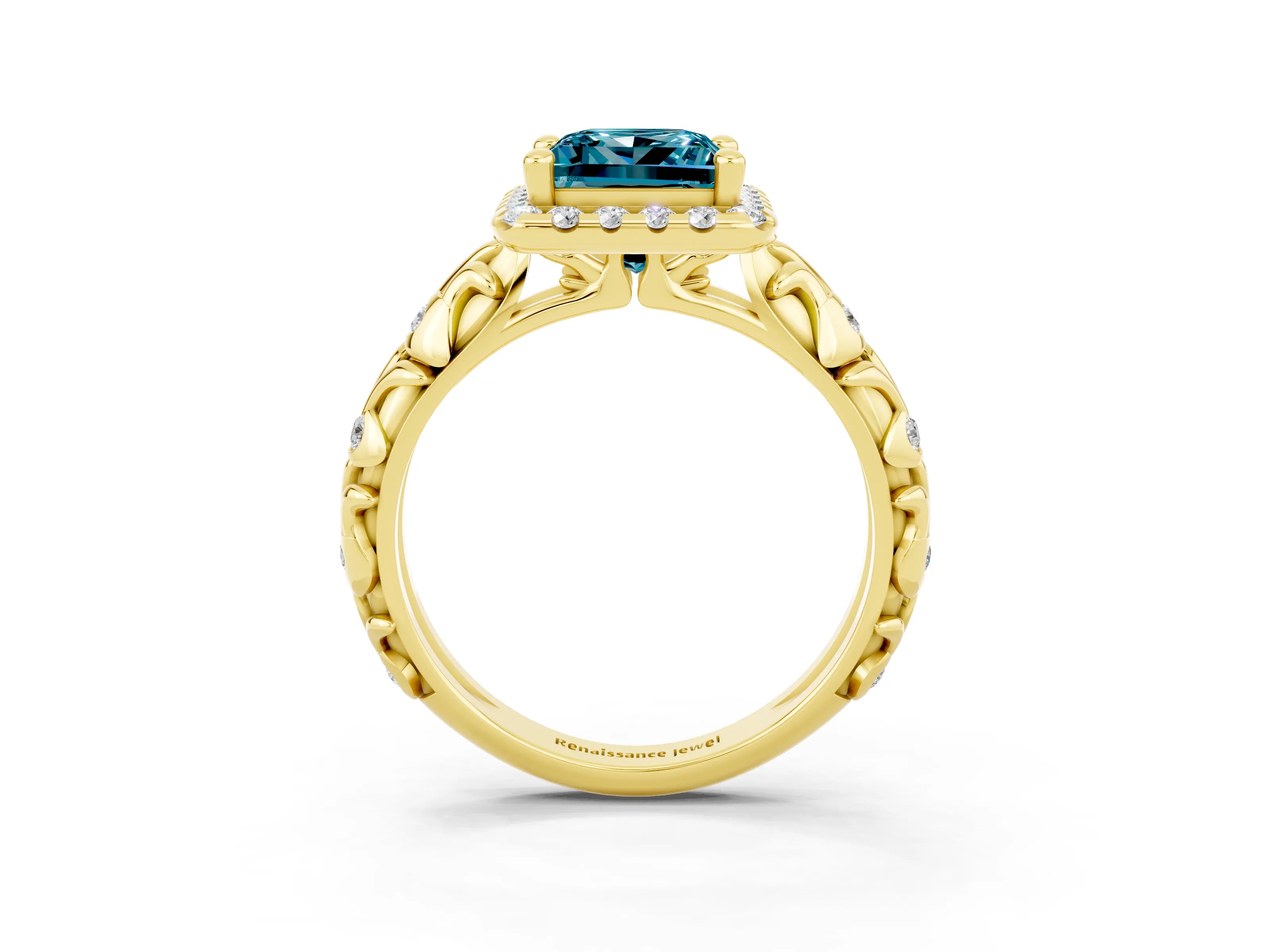 Yellow gold Princess Cut Halo Diamond Solitaire with Filigree Band and Four-Prong Setting_3