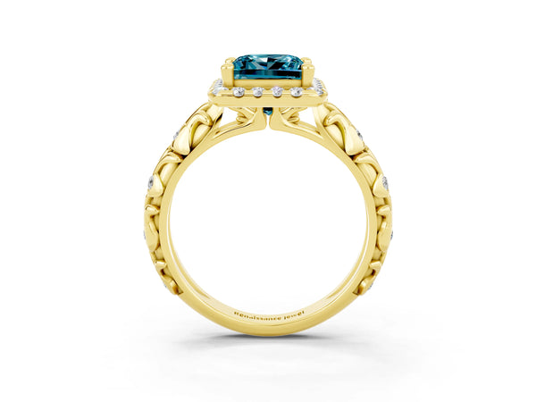 Yellow gold Princess Cut Halo Diamond Solitaire with Filigree Band and Four-Prong Setting