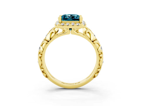Yellow gold Princess Cut Halo Diamond Solitaire with Filigree Band and Four-Prong Setting_3