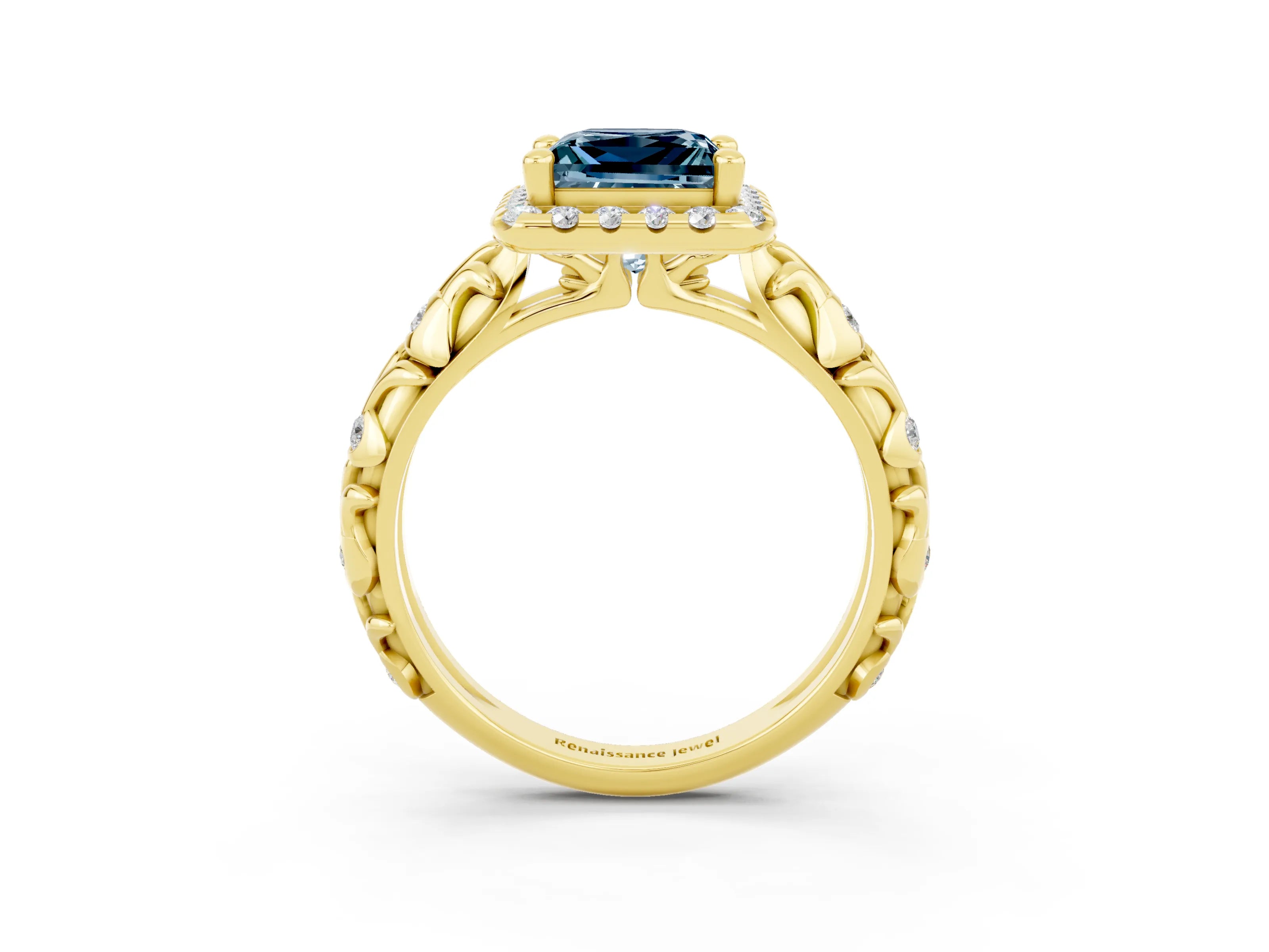 Yellow gold Princess Cut Halo Diamond Solitaire with Filigree Band and Four-Prong Setting_3