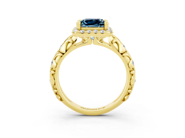 Yellow gold Princess Cut Aquamarine Halo Ring with Filigree Band and Prong Setting