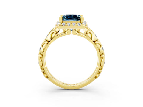 Yellow gold Princess Cut Halo Diamond Solitaire with Filigree Band and Four-Prong Setting_3