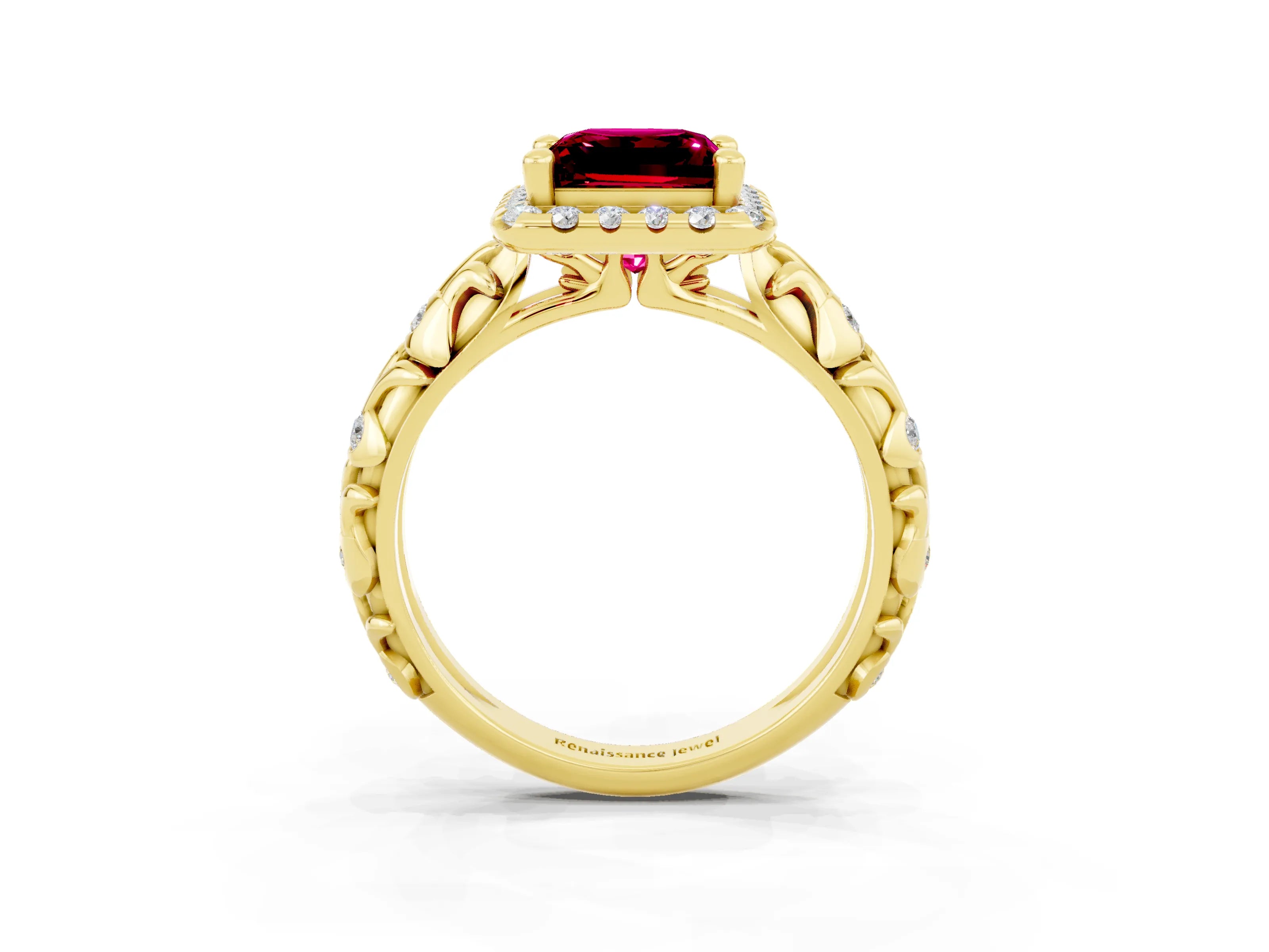 Yellow gold Princess Cut Halo Diamond Solitaire with Filigree Band and Four-Prong Setting_3