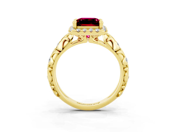 Yellow gold Princess Cut Garnet Halo Ring with Filigree Band and Prong Setting