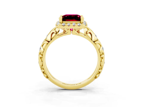 Yellow gold Princess Cut Halo Diamond Solitaire with Filigree Band and Four-Prong Setting_3