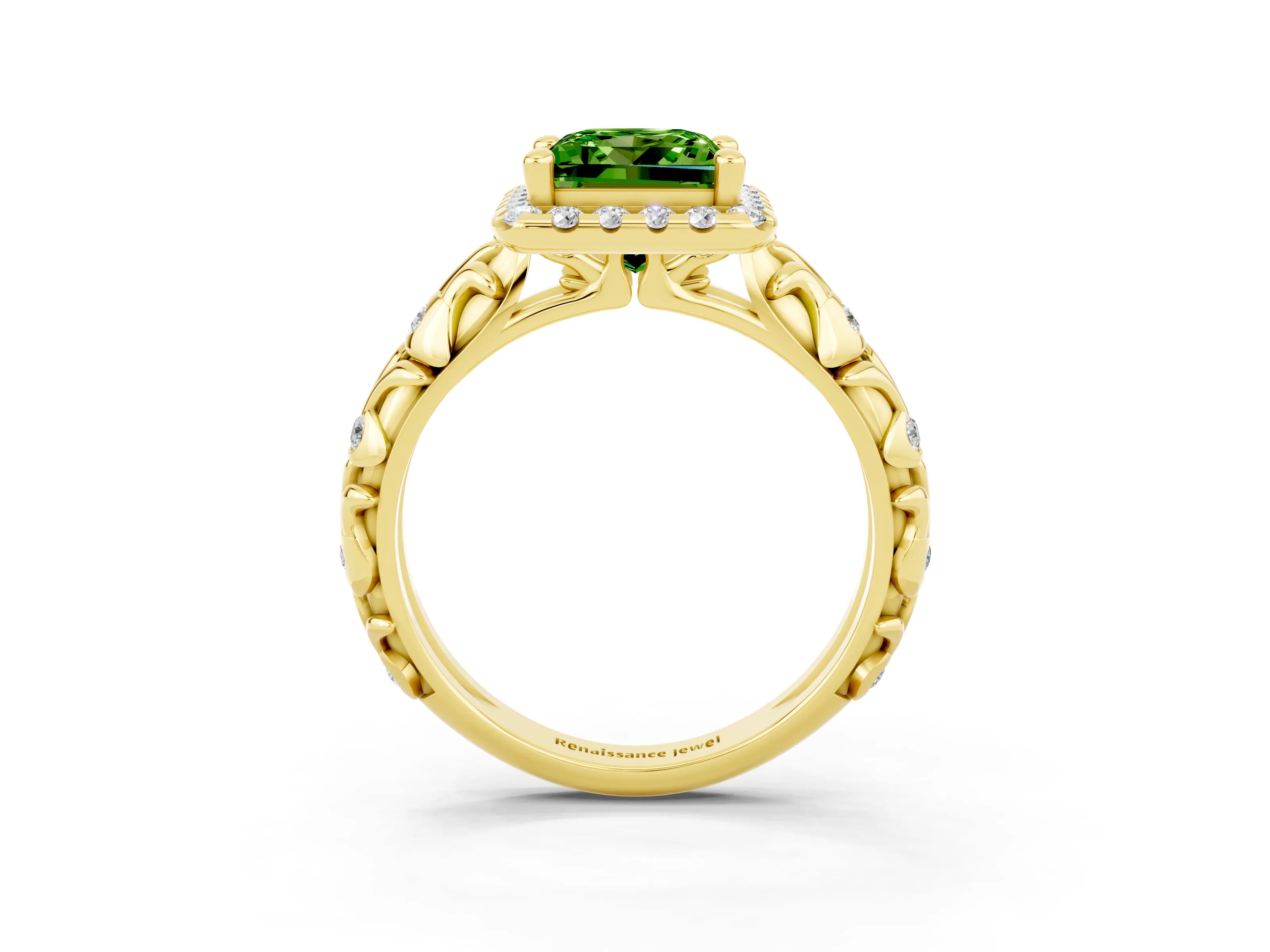 Yellow gold Princess Cut Halo Diamond Solitaire with Filigree Band and Four-Prong Setting_3
