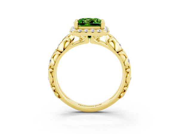 Yellow gold Princess Cut Peridot Halo Ring with Filigree Band and Prong Setting