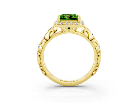 Yellow gold Princess Cut Halo Diamond Solitaire with Filigree Band and Four-Prong Setting_3