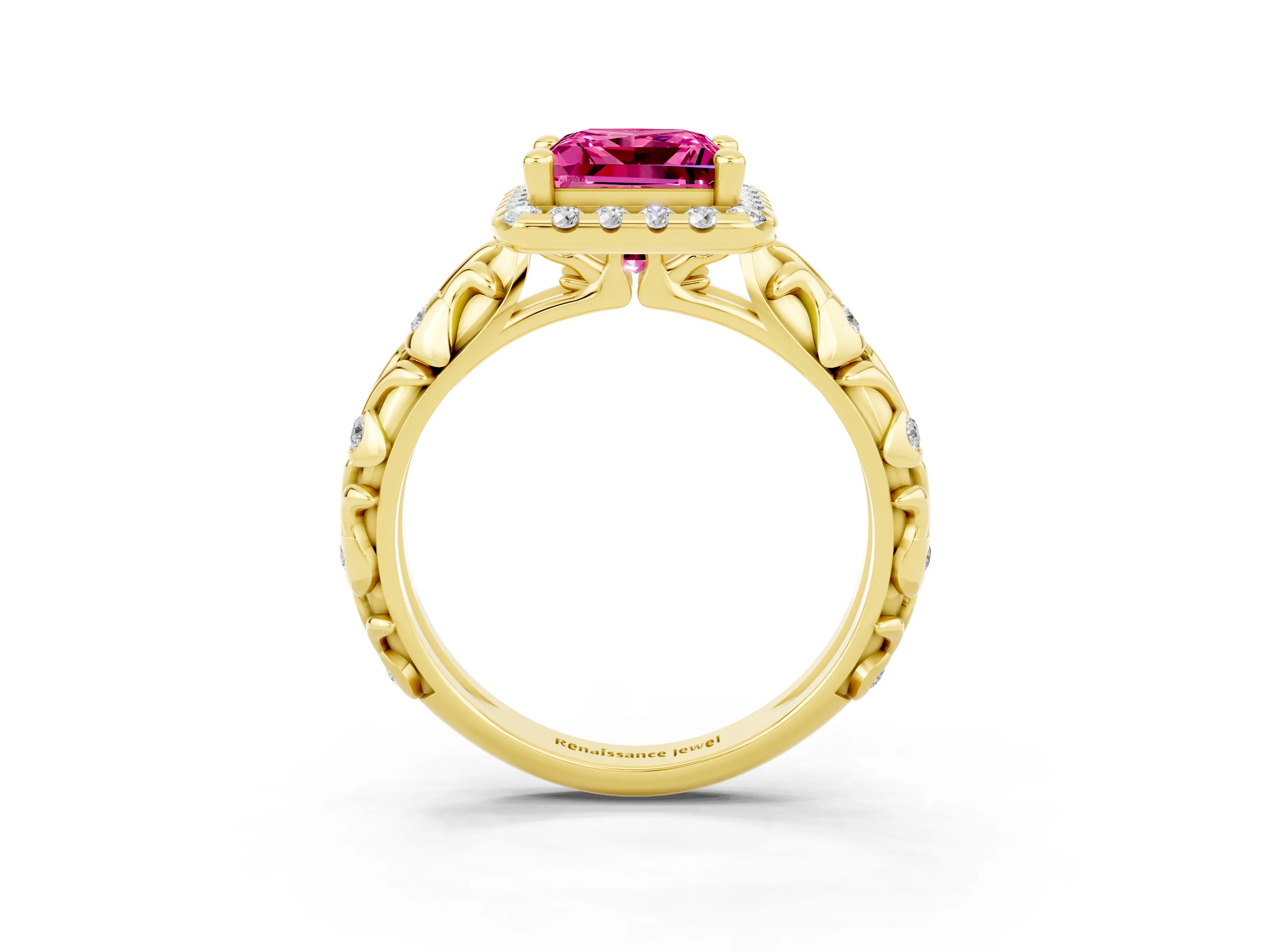 Yellow gold Princess Cut Halo Diamond Solitaire with Filigree Band and Four-Prong Setting_3
