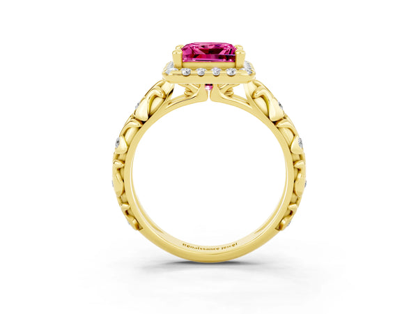 Yellow gold Princess Cut Pink Sapphire Halo Ring with Filigree Band and Prong Setting