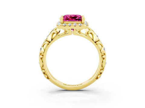 Yellow gold Princess Cut Halo Diamond Solitaire with Filigree Band and Four-Prong Setting_3