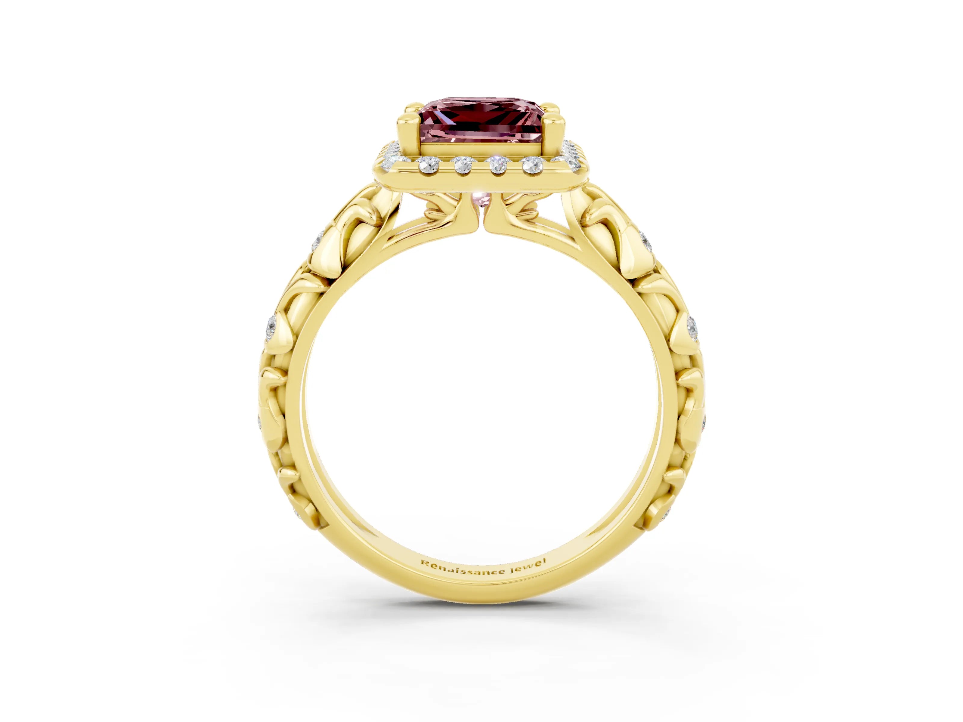 Yellow gold Princess Cut Halo Diamond Solitaire with Filigree Band and Four-Prong Setting_3