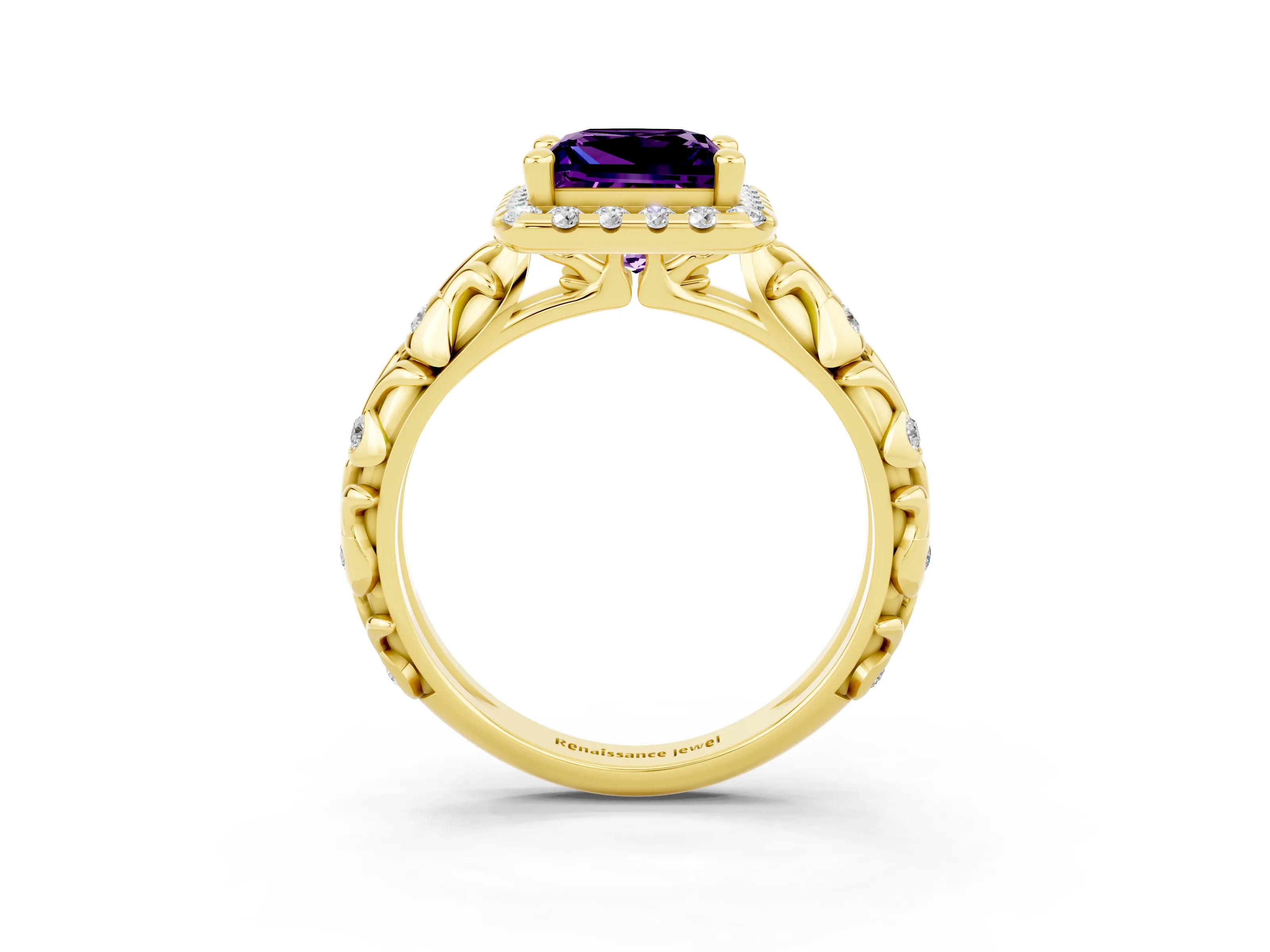 Yellow gold Princess Cut Halo Diamond Solitaire with Filigree Band and Four-Prong Setting_3