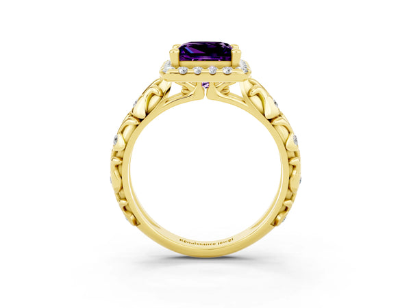 Yellow gold Princess Cut Amethyst Halo Ring with Filigree Band and Prong Setting