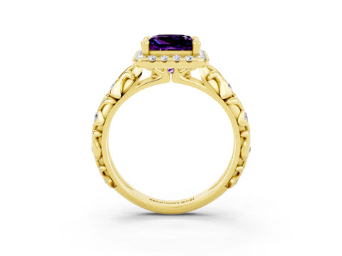 Yellow gold Princess Cut Halo Diamond Solitaire with Filigree Band and Four-Prong Setting_3