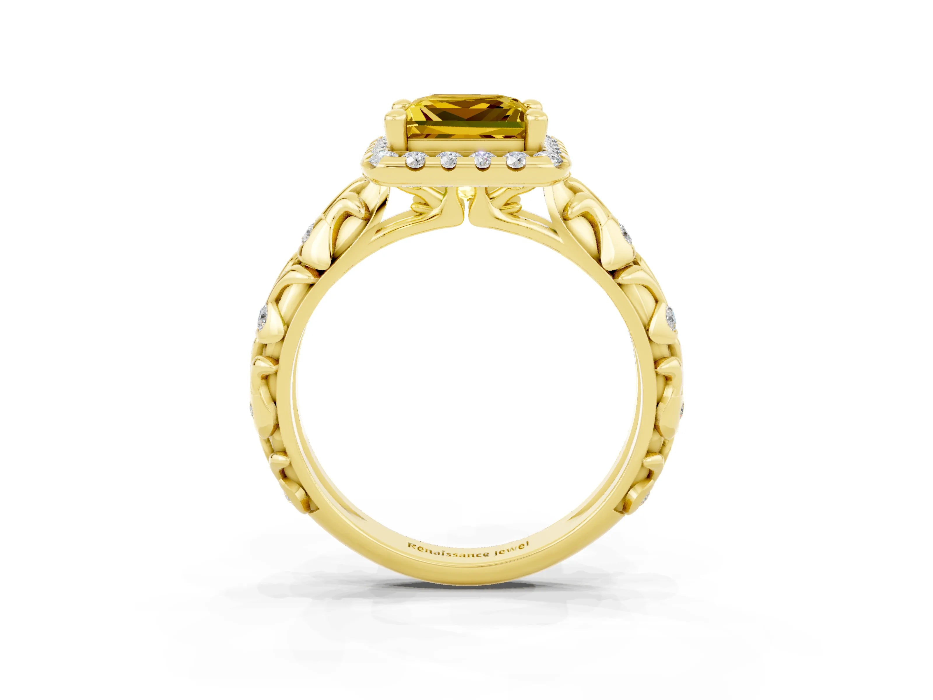 Yellow gold Princess Cut Halo Diamond Solitaire with Filigree Band and Four-Prong Setting_3