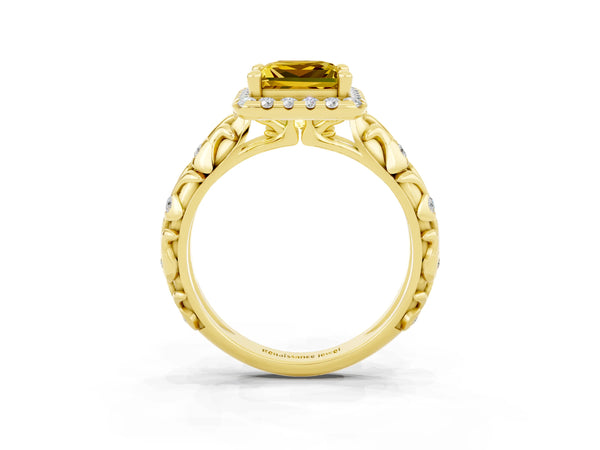 Yellow gold Princess Cut Yellow Sapphire Halo Ring with Filigree Band and Prong Setting