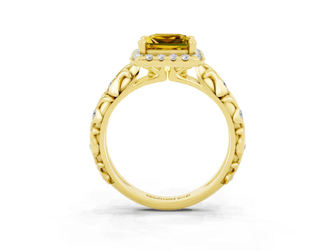 Yellow gold Princess Cut Halo Diamond Solitaire with Filigree Band and Four-Prong Setting_3