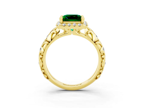 Yellow gold Princess Cut Halo Diamond Solitaire with Filigree Band and Four-Prong Setting_3
