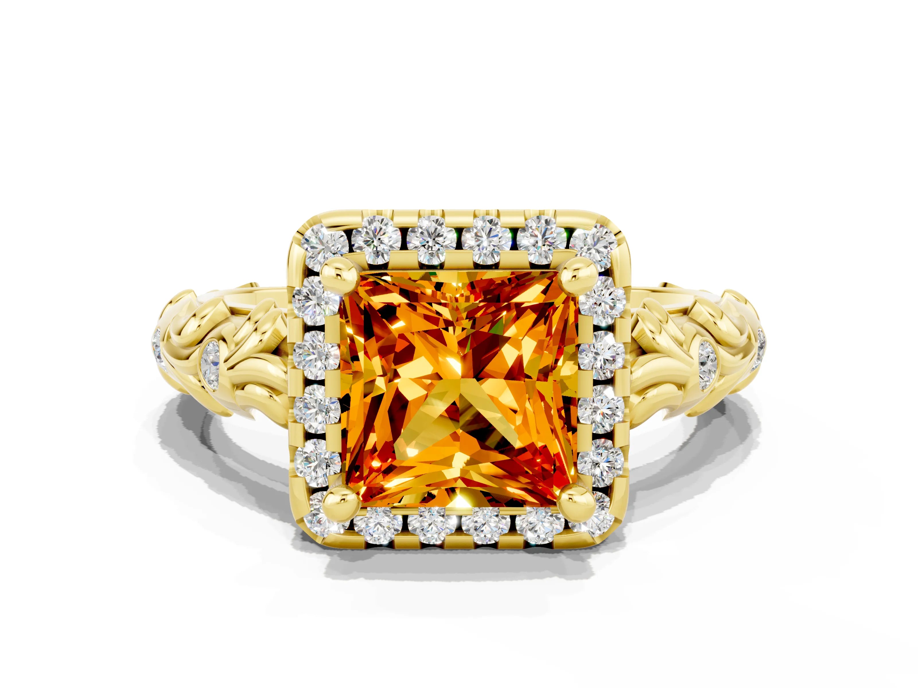 Yellow gold Princess Cut Halo Diamond Solitaire with Filigree Band and Four-Prong Setting