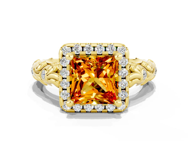 Yellow gold Princess Cut Citrine Halo Ring with Filigree Band and Prong Setting