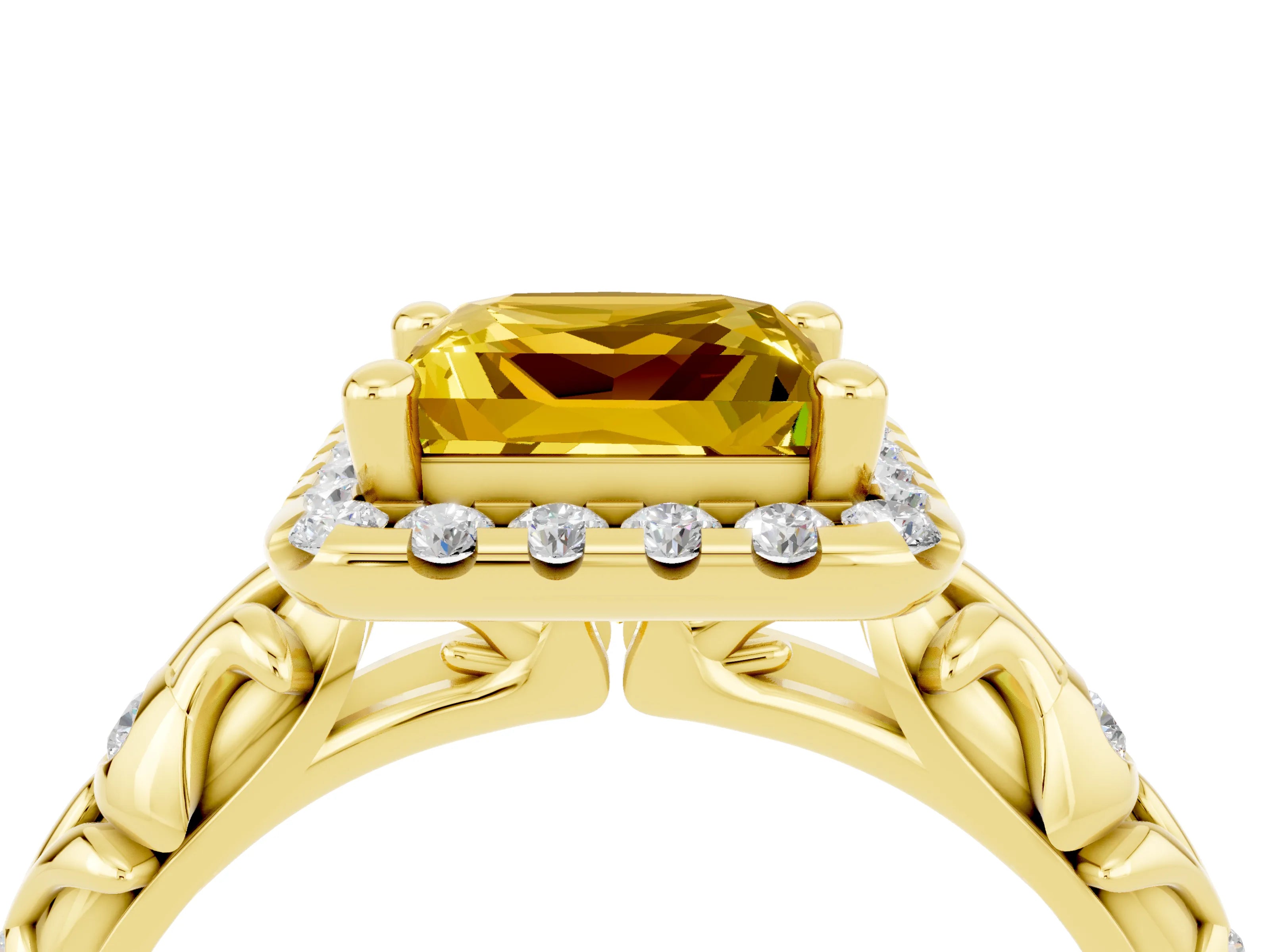 Yellow gold Princess Cut Halo Diamond Solitaire with Filigree Band and Four-Prong Setting_4