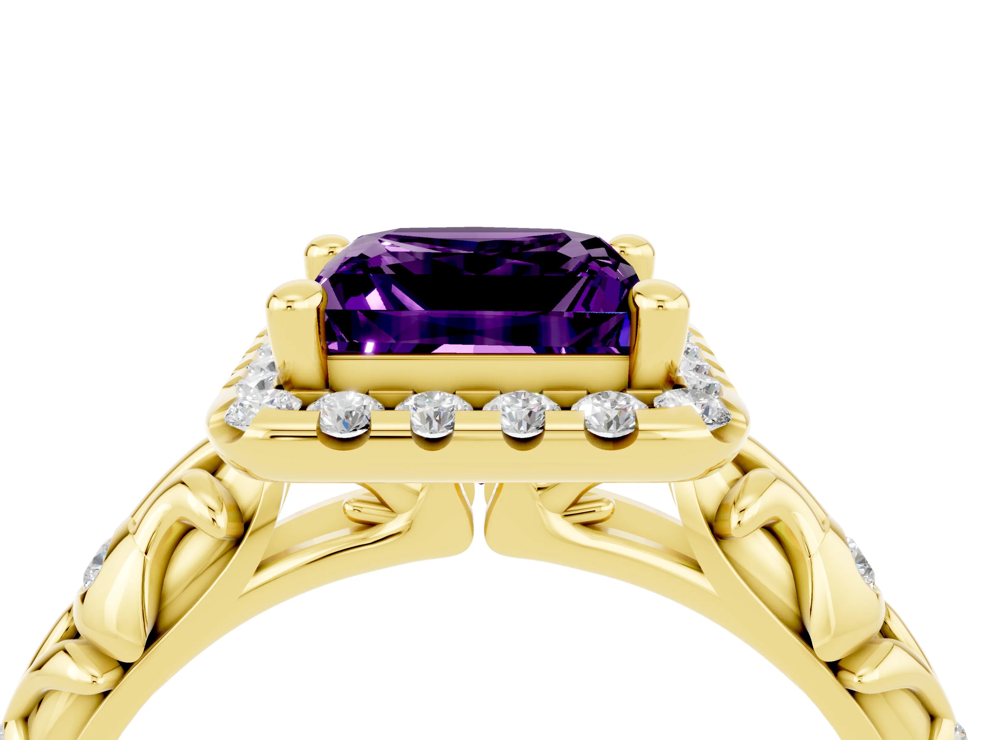 Yellow gold Princess Cut Halo Diamond Solitaire with Filigree Band and Four-Prong Setting_4
