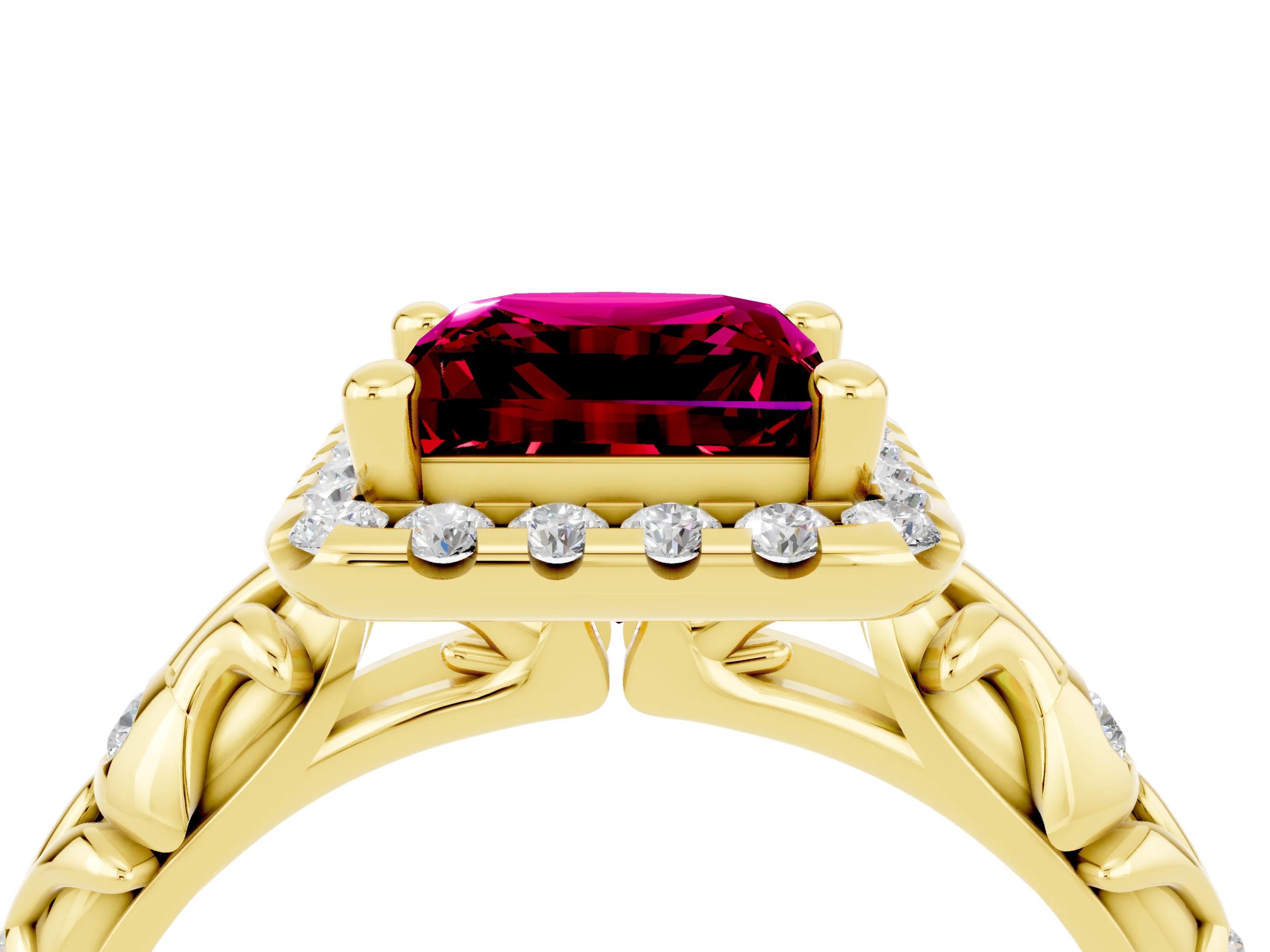 Yellow gold Princess Cut Halo Diamond Solitaire with Filigree Band and Four-Prong Setting_4