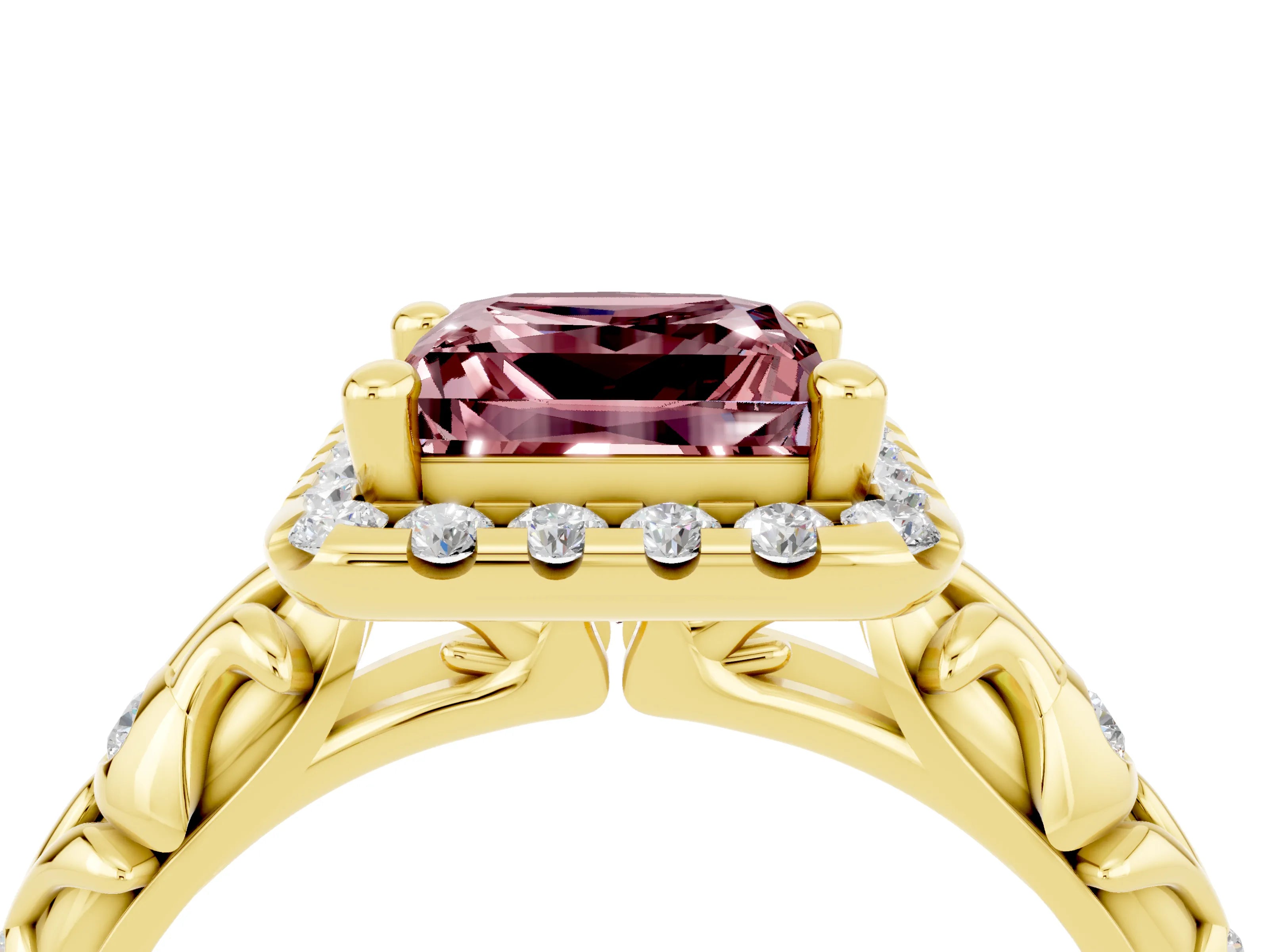 Yellow gold Princess Cut Halo Diamond Solitaire with Filigree Band and Four-Prong Setting_4