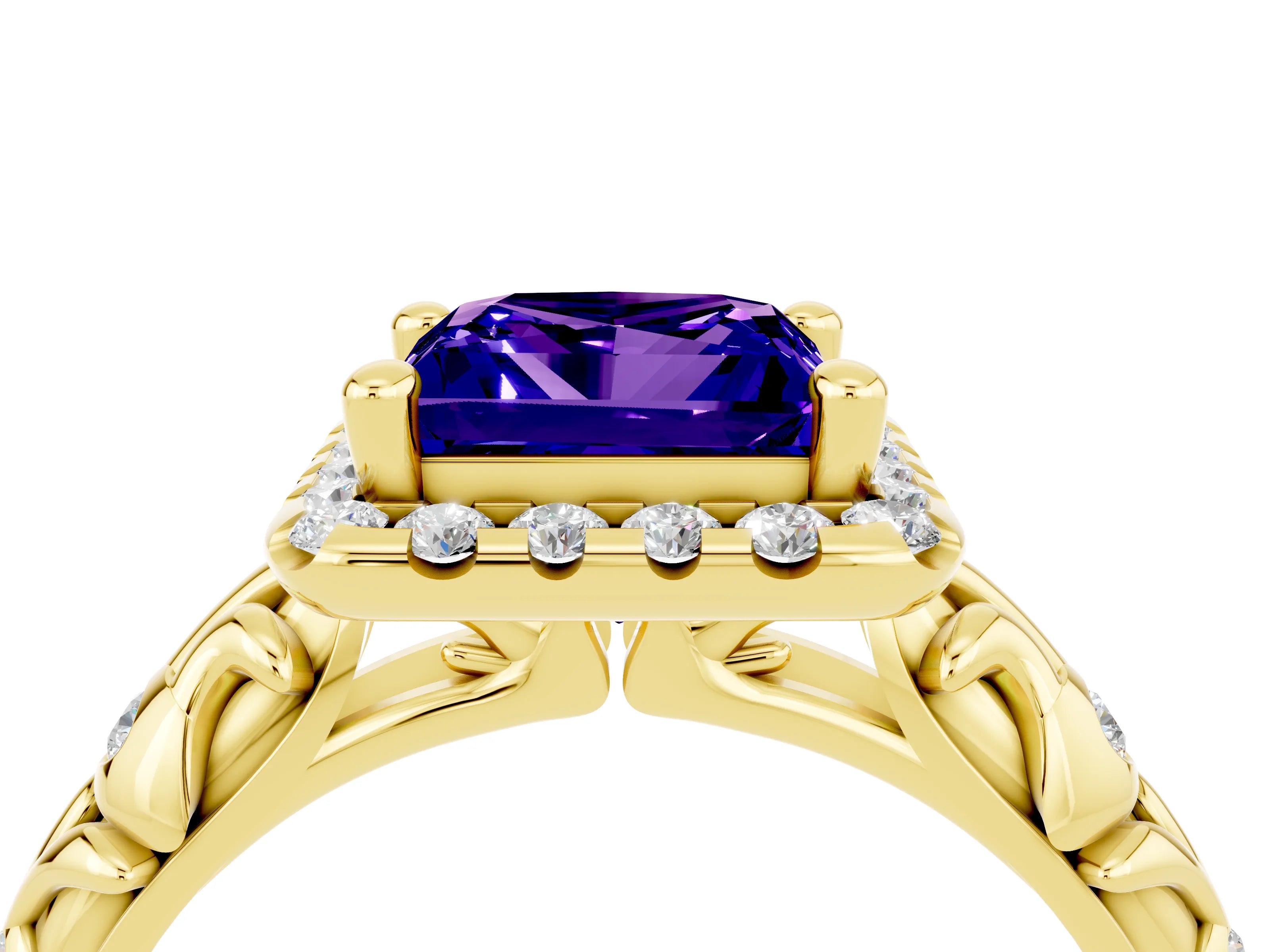 Yellow gold Princess Cut Halo Diamond Solitaire with Filigree Band and Four-Prong Setting_4