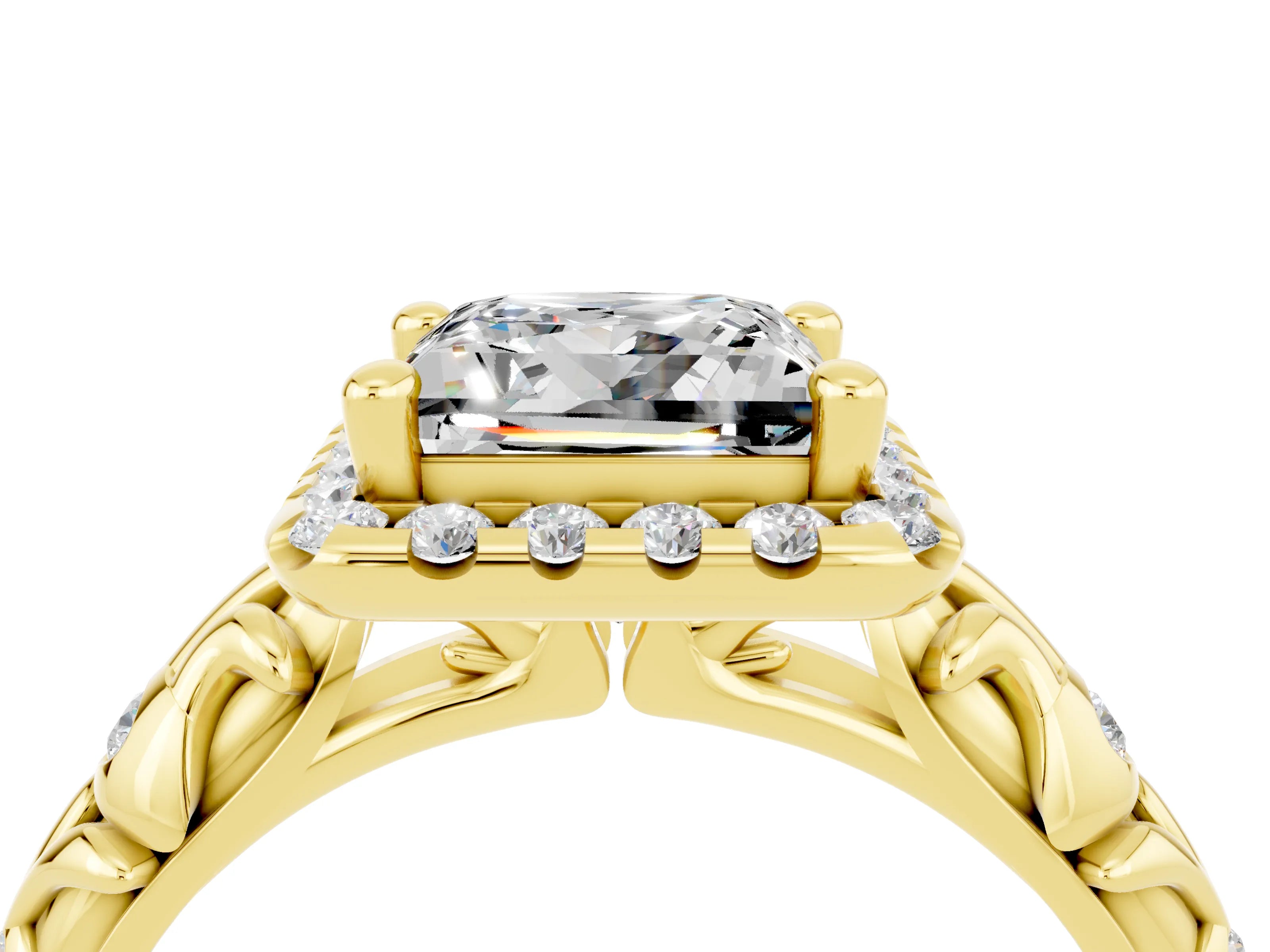 Yellow gold Princess Cut Halo Diamond Solitaire with Filigree Band and Four-Prong Setting_4