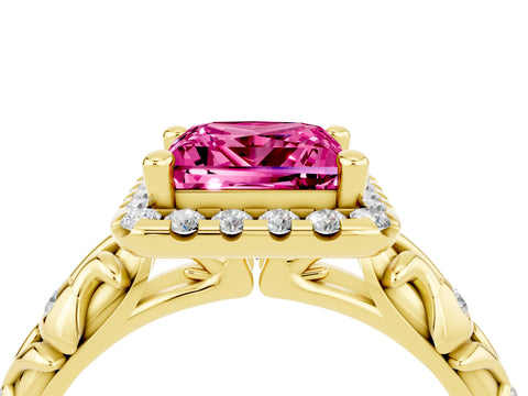 Yellow gold Princess Cut Halo Diamond Solitaire with Filigree Band and Four-Prong Setting_4