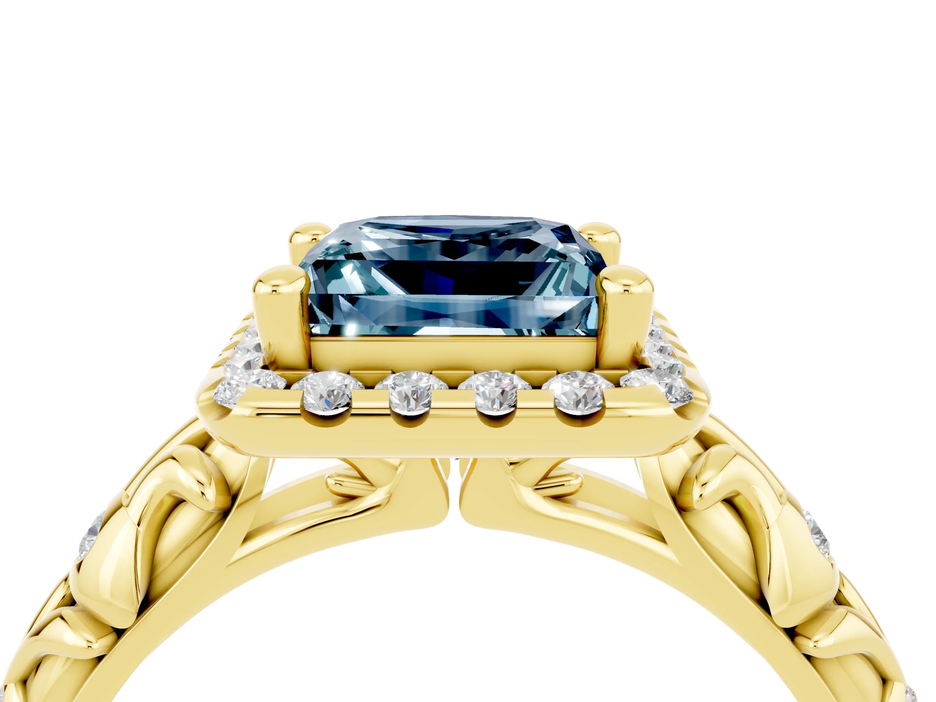 Yellow gold Princess Cut Halo Diamond Solitaire with Filigree Band and Four-Prong Setting_4